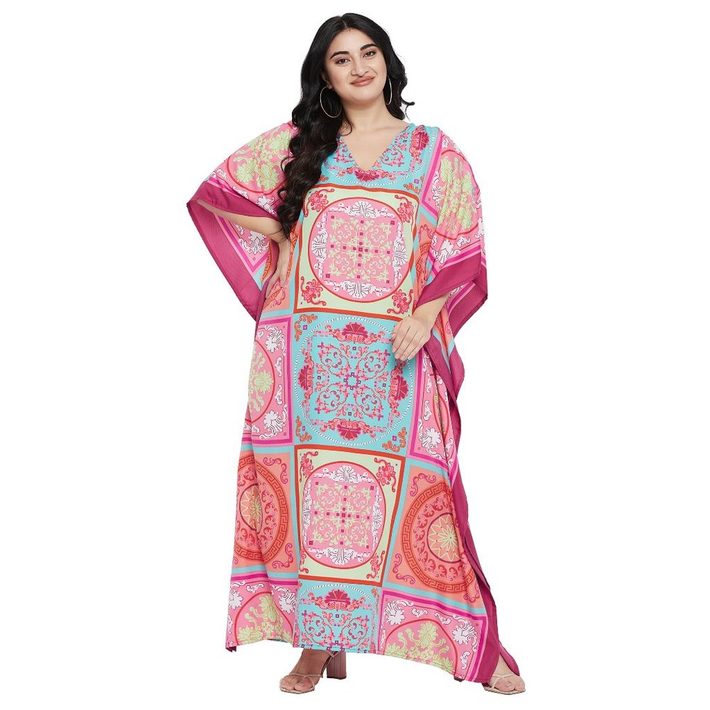 Plus Size Women Caftan Dress Pink Polyester Maxi Moo Moos Dresses for Party Wear - Picture 3 of 10